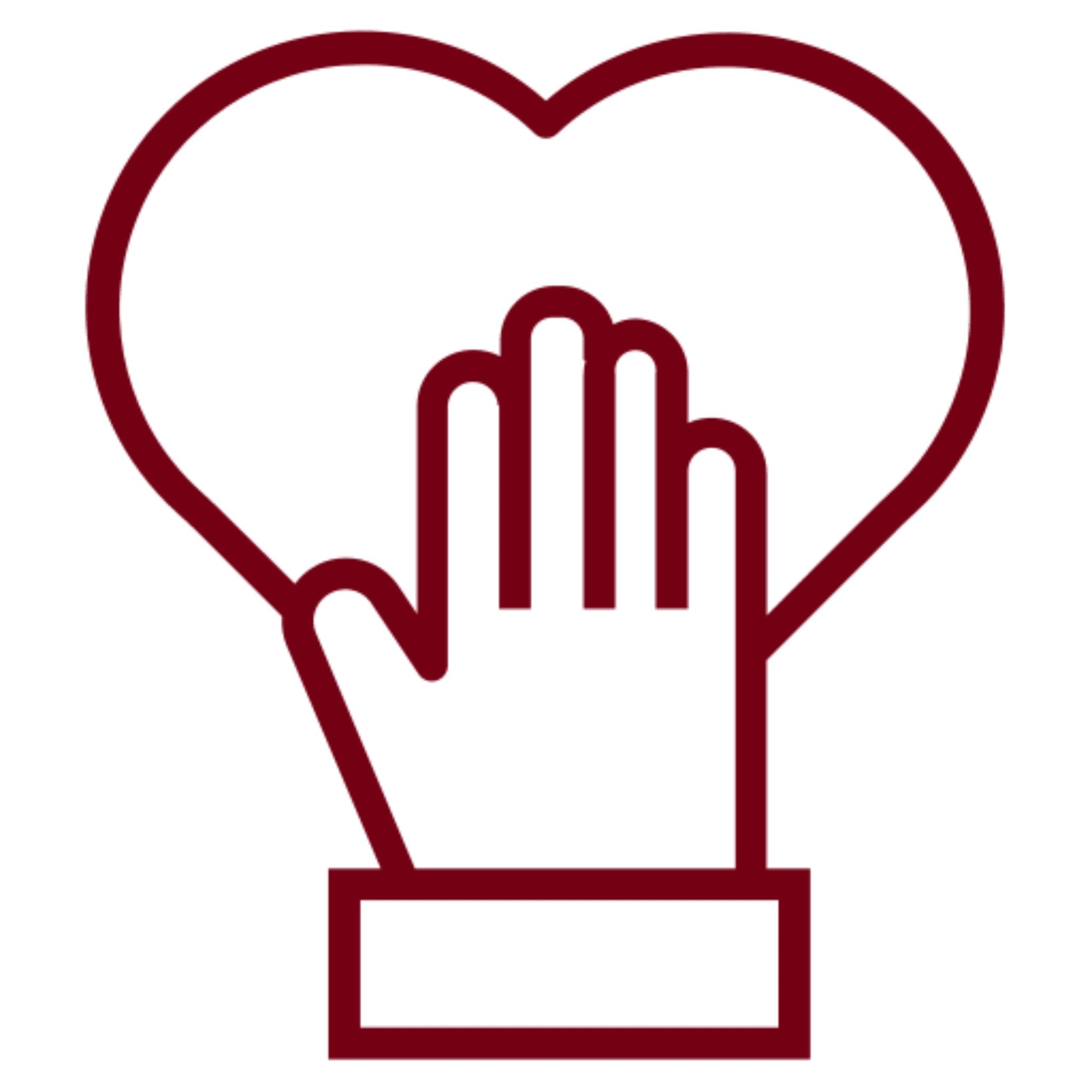 A hand inside a heart outline on a dark red background.