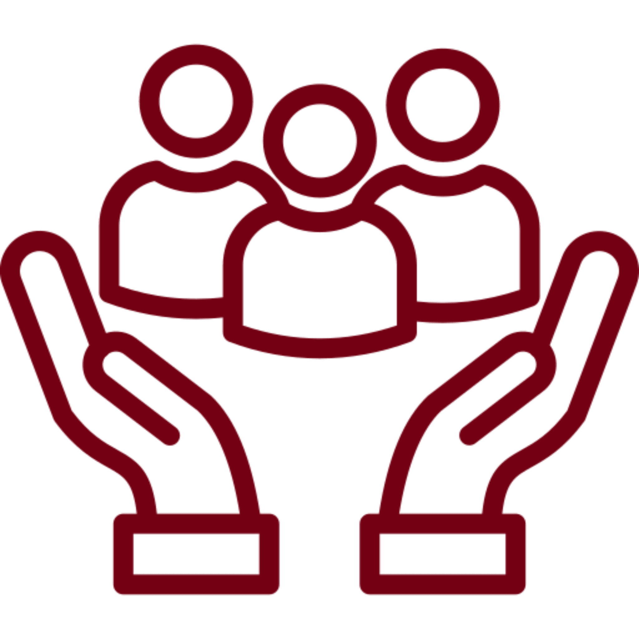 Minimalist icon of a heart with three people above it on a maroon background.