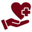 A hand holding a heart with a medical cross symbol.