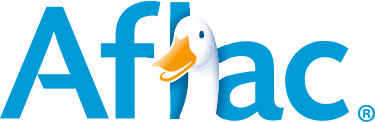 A cartoon duck head in front of blue text.