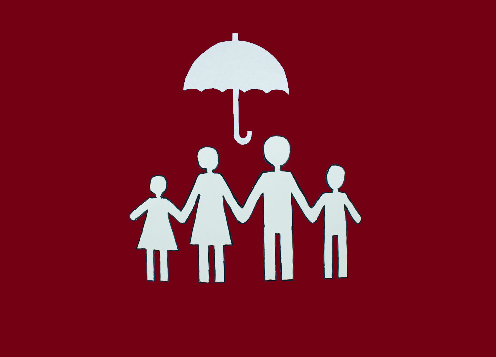 White silhouette of a family of four under an umbrella on a maroon background.